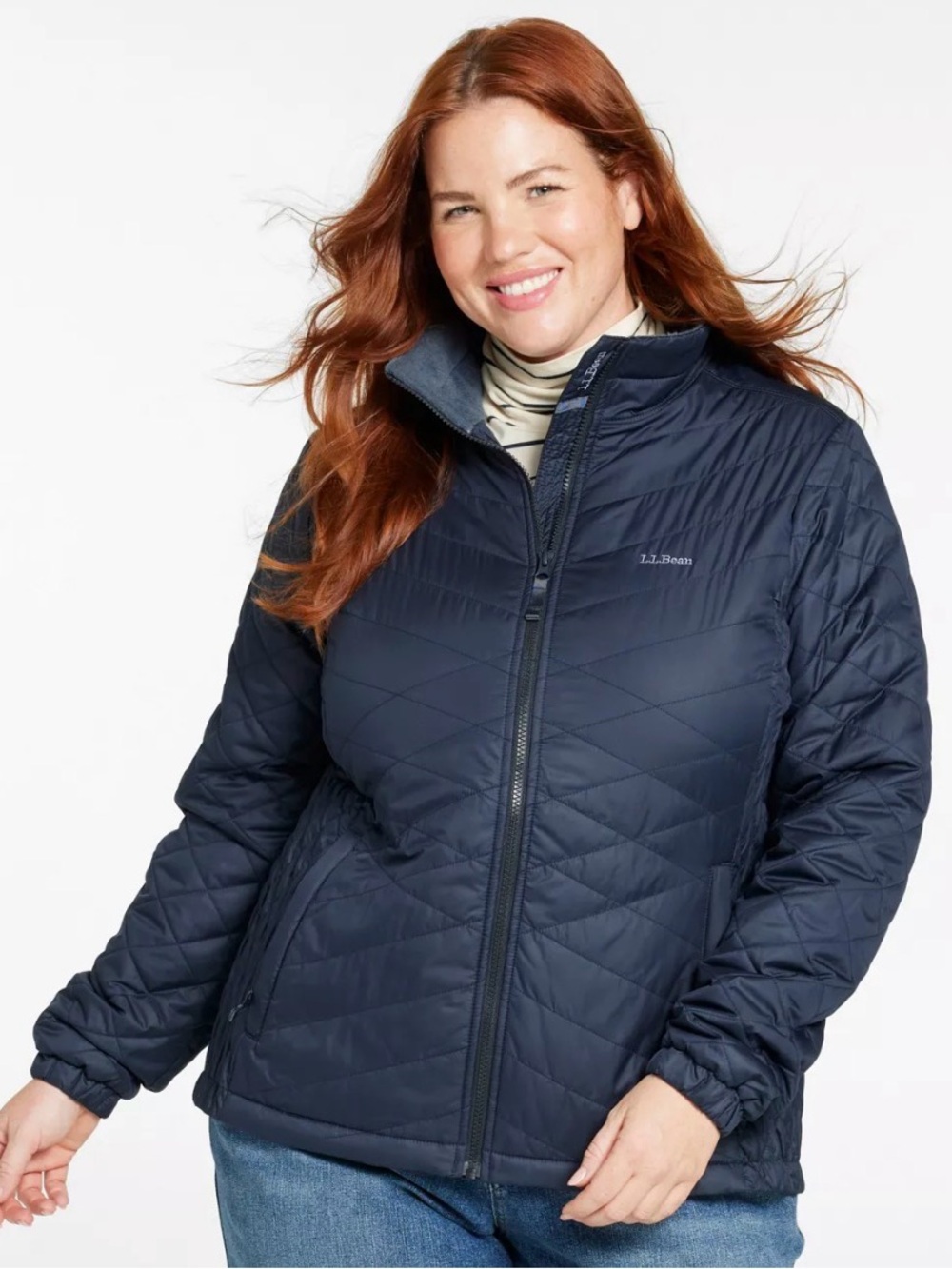 LL Bean Fleece Lined PrimaLoft Packaway Jacket Navy Size Large
